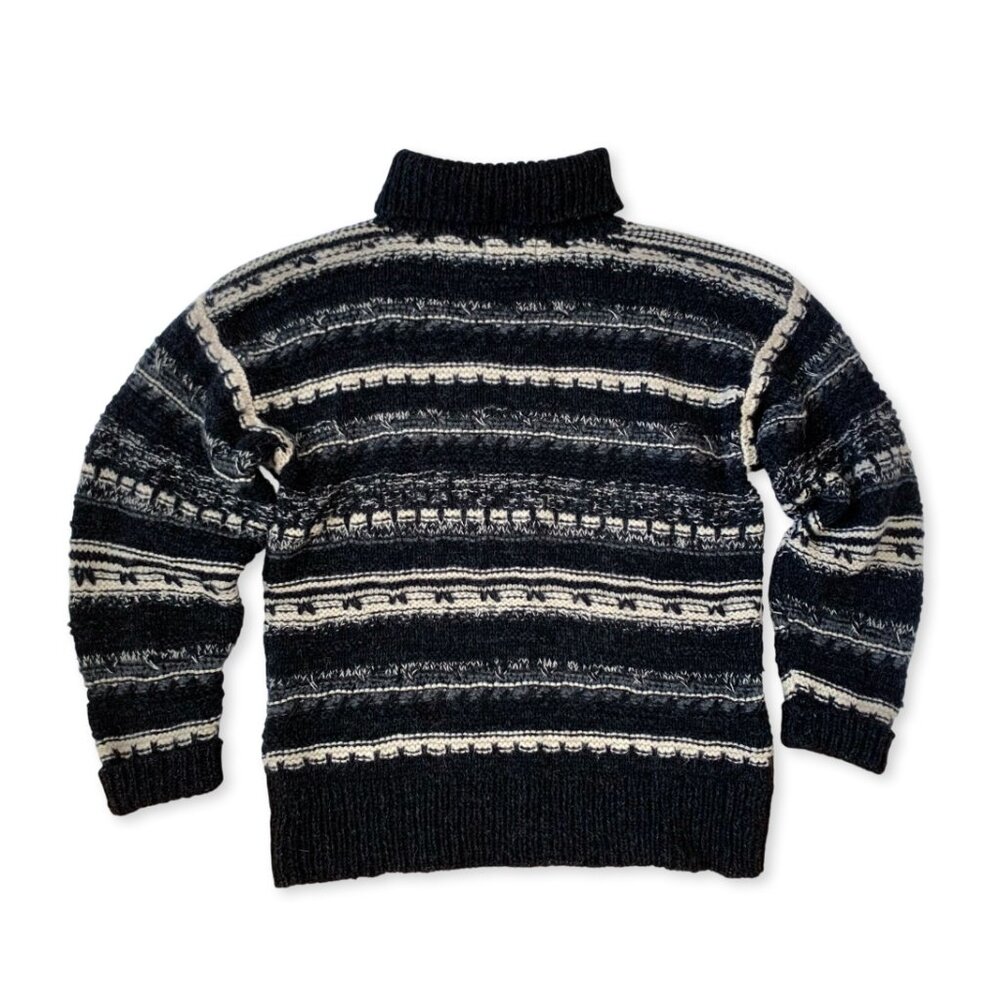 Vintage Giordano Wool Sweater Cowl Neck Striped Black White Fisherman Nordic